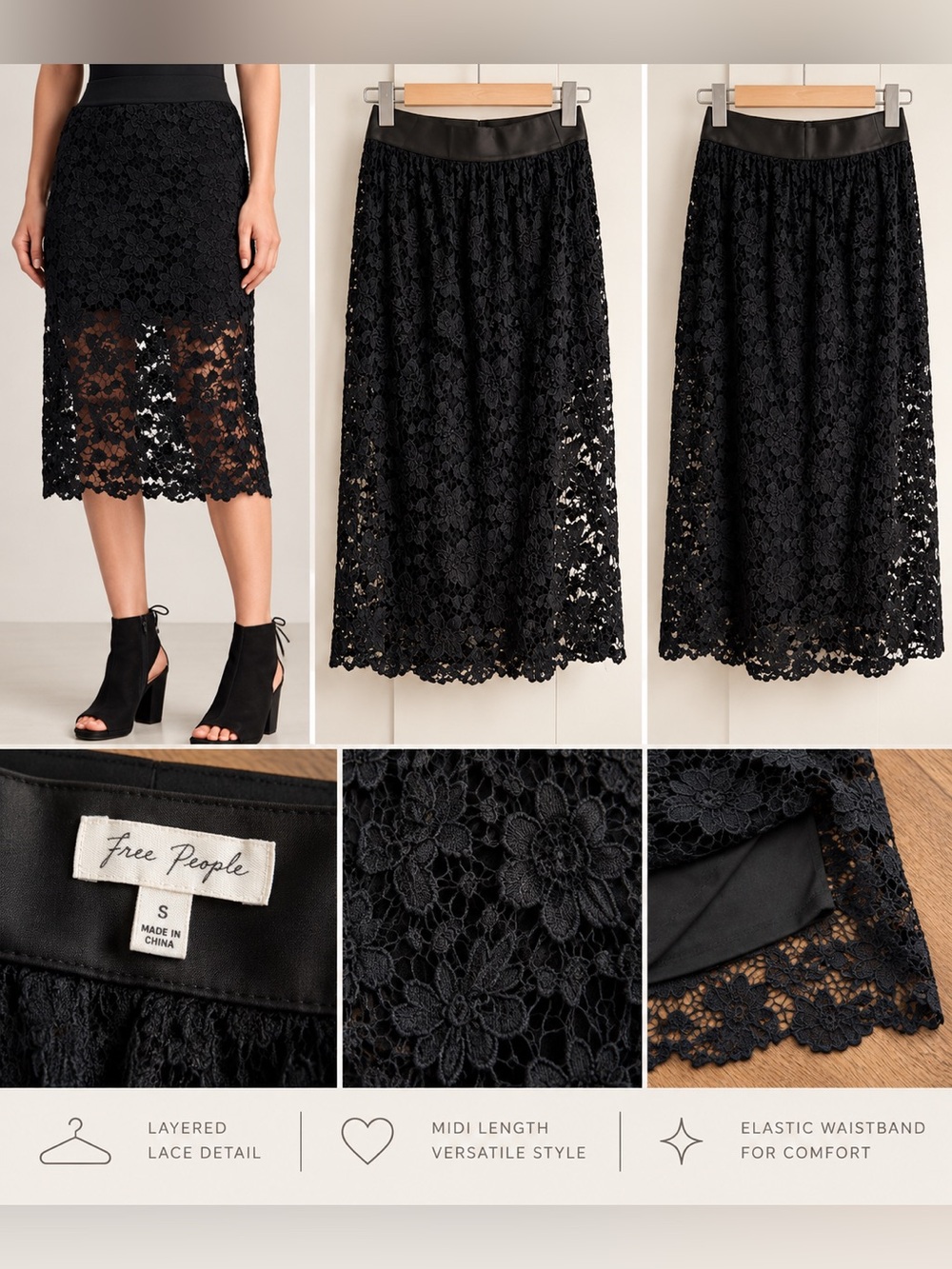Free People Layered Black Lace Midi Skirt Small
